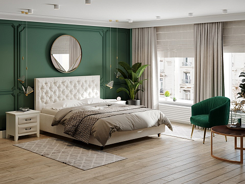 Двуспальная кровать с кожаным изголовьем Teona Grand - Кровать с увеличенным изголовьем, украшенным благородной каретной пиковкой.
